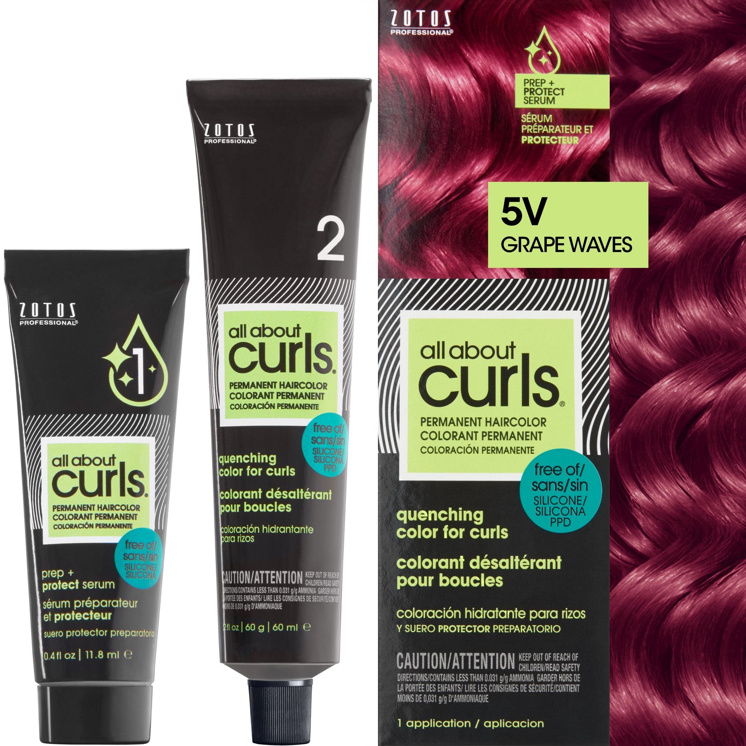 Two bottles and packaging for All About Curls Permanent Color in shade 5V Grape Waves.