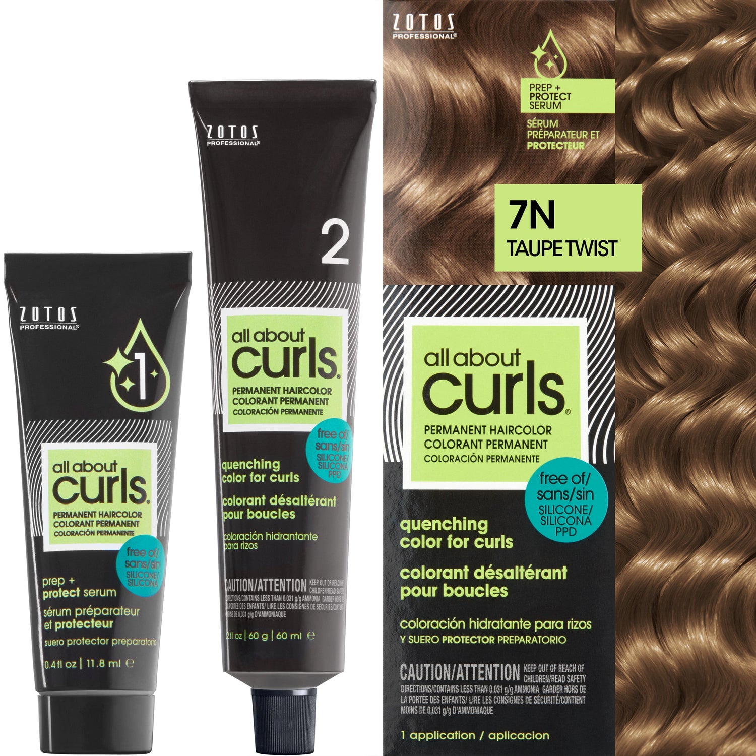 Two bottles and packaging for All About Curls Permanent Color in shade 7N Taupe Twist.