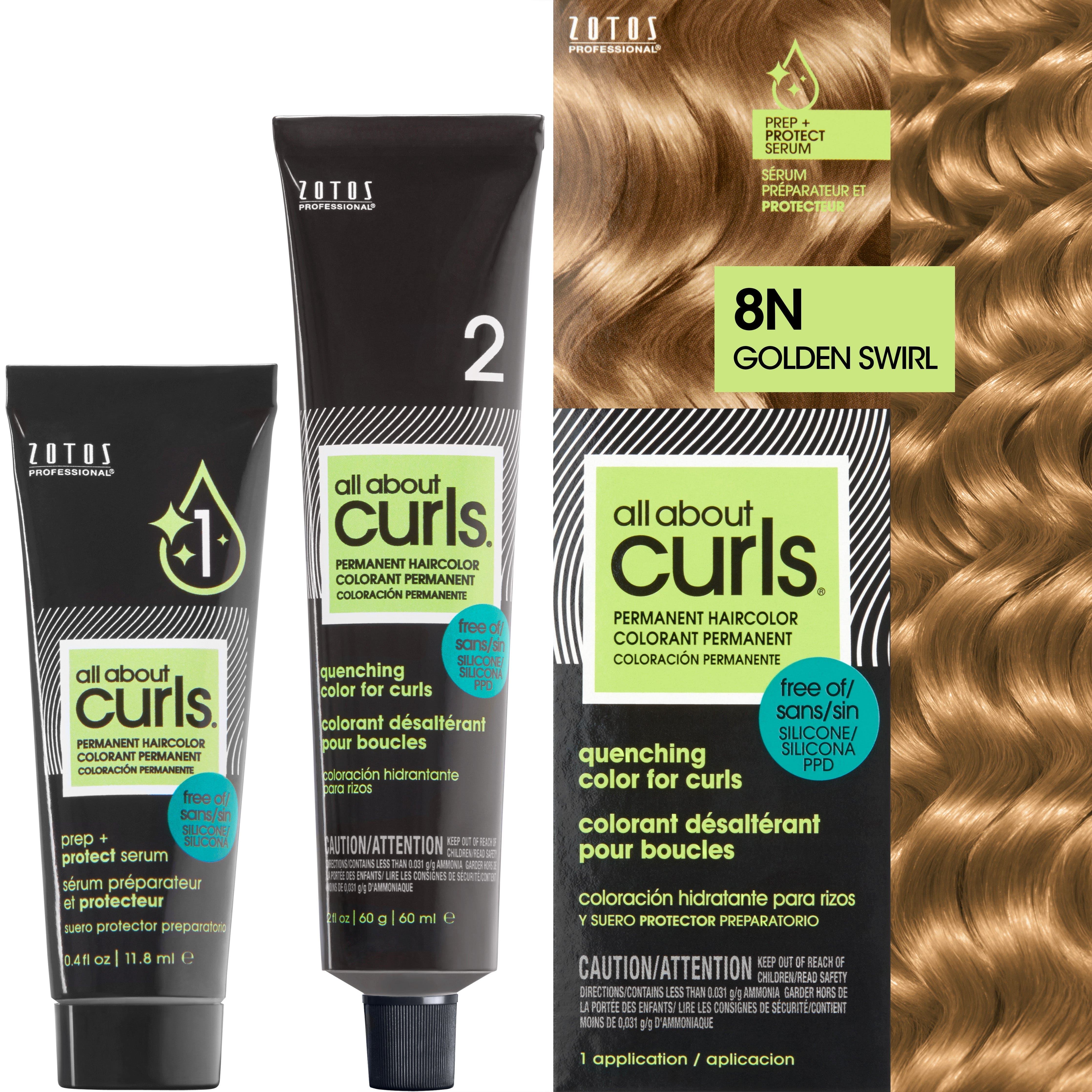 Two bottles and packaging for All About Curls Permanent Color in shade 8N Golden Swirl.